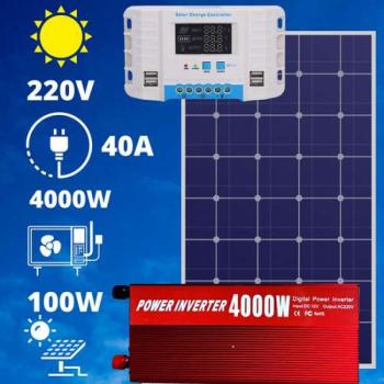 220V/12V napelem rendszer 100W panel 4000W inverter + 40A töltésv... kép