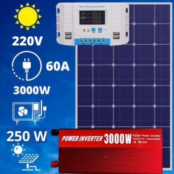 220V/12V napelem rendszer 250W panel 3000W inverter + töltésvezér... kép
