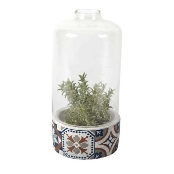 Mediterrán stílusú kerámia virágcserép üvegbúrával, portugál moza... kép
