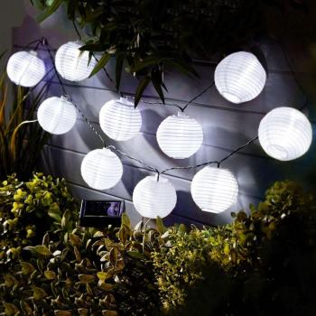 Szolár lampion fényfüzér - 10 db fehér lampion, hidegfehér LED -... kép
